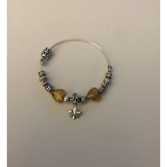 New Trendy Silver Fleur De Lis Beaded & Expandable Wire Bangle Bracelet - Picture 1 of 1